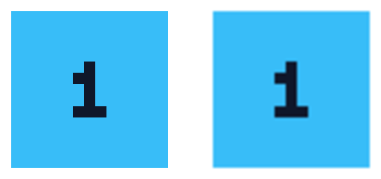 A numbered tile enlarged four times: sharp square edges with nearest-neighbor on the left, blended edges with smooth resampling on the right